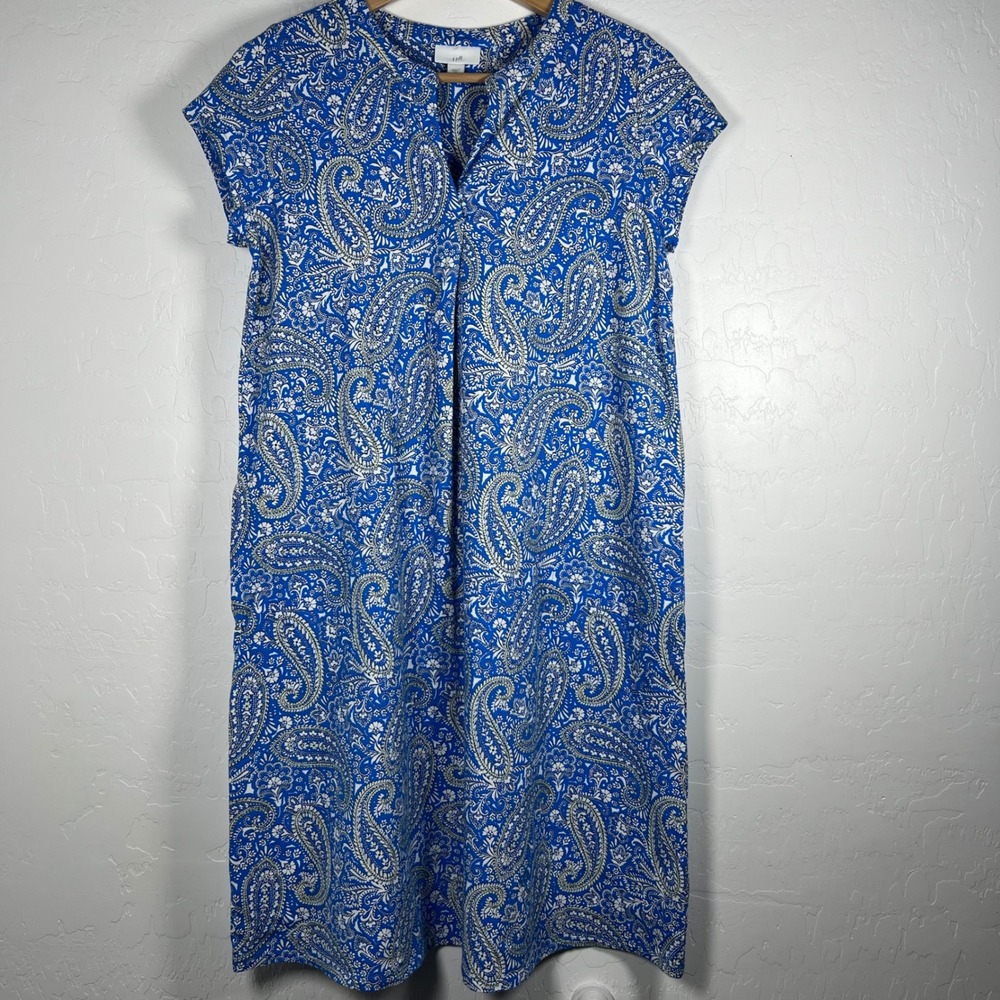 J. Jill Blue Paisley Cotton Tencel Shift Dress Pockets XS agate-blue paisley